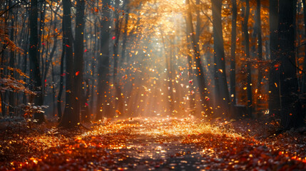 Golden Autumn Forest with Falling Leaves