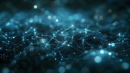 Abstract digital network background with glowing blue nodes and lines. Futuristic technology and data communication concept.