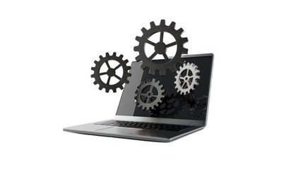 Isolated laptop with floating gears