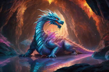 Generative AI, Fantasy dragon nestled within a hidden cave in stunning mountains. The dragon, with its shimmering scales and fiery eyes, adds a mystical aura to the already captivating landscape.