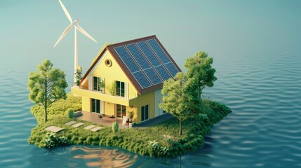 A house on the water with solar panels on the roof and a wind turbine next to it.