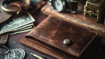 A stylish leather wallet, with a sleek, modern design and plenty of room for cards and cash.