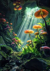 An underground cave full of magic bright mushrooms, fluorescent green plants and bright jellyfish-trees, with rays of light coming through the ceiling, featuring rock formations reminiscent of canyons