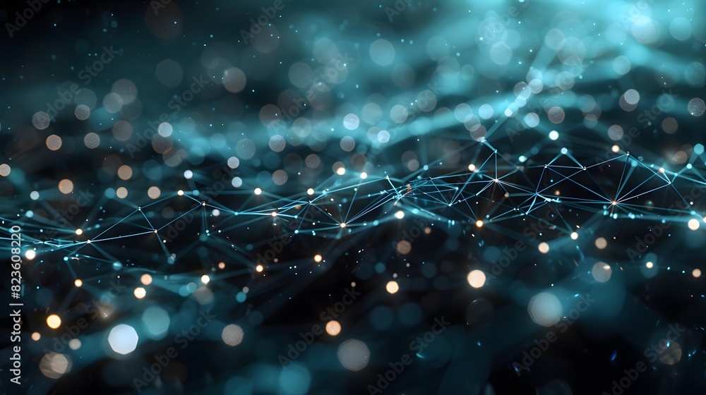 Poster Abstract digital network background with glowing nodes and lines depicting data connections and technology concepts.