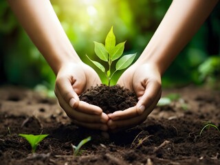 A hand holding a small tree like soil, Green World Earth Day