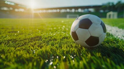 Soccer Ball on a Dewy Grass Field at Sunrise in a Stadium