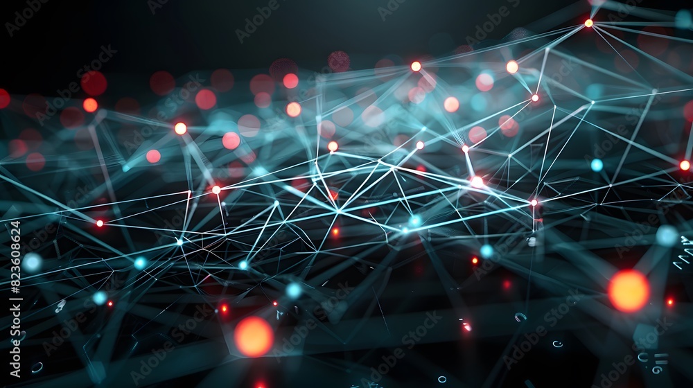 Poster abstract digital network connection green and red dots on dark background, representing data communi