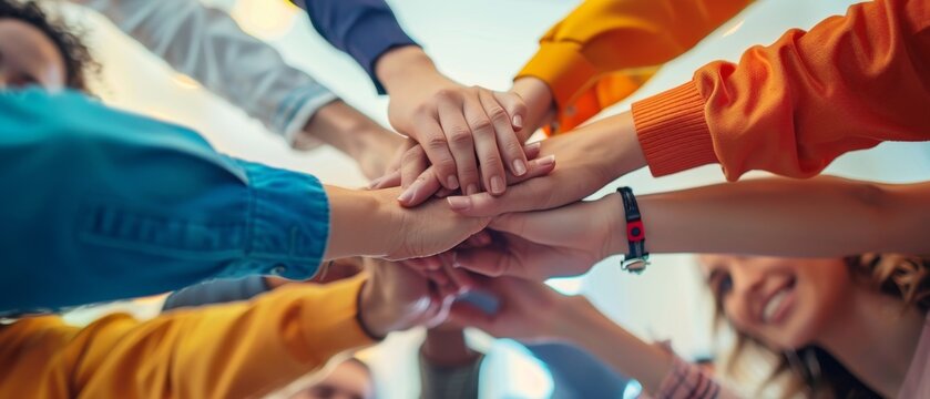 Employees engaged in a collaborative team-building workshop. Isolated background, bright colors, minimalist style, space for text.