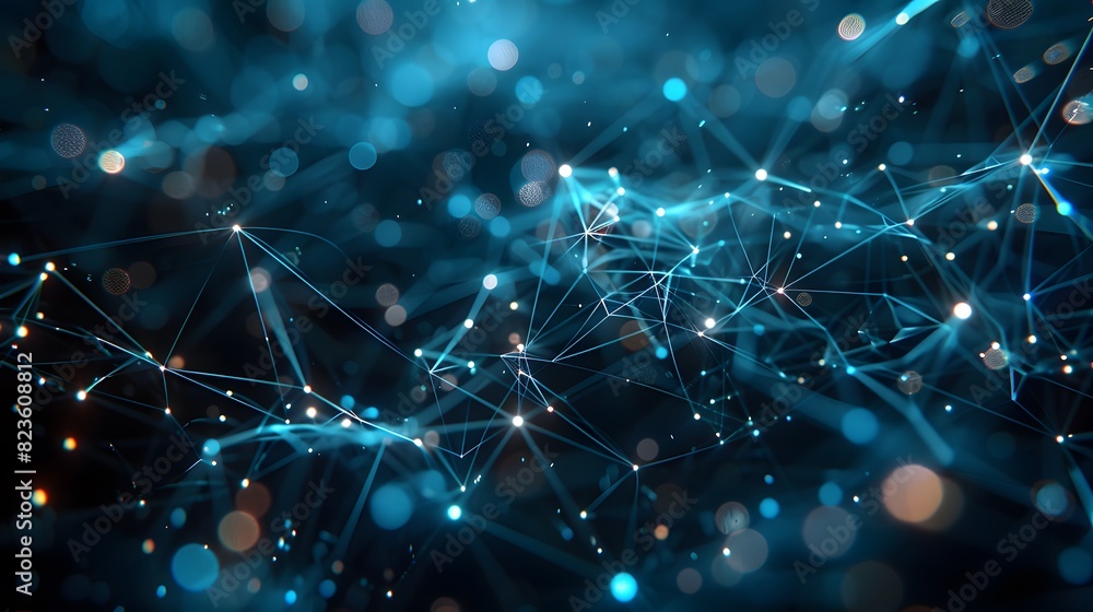 Poster abstract digital network connections and glowing nodes, representing data flow and technological inn