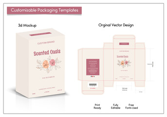 Perfume Packaging design, luxury box design template, Box die line, 3d Box Mockup, and Design elements. Illustration Vector design Template.