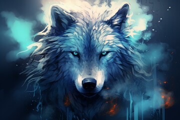 Captivating digital artwork of a blue wolf with a vibrant abstract aura