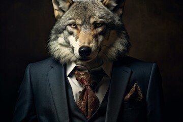 Corporate wolf in suit: a surreal composite image of an anthropomorphic animal head on a human body. Wearing professional attire with wildlife elegance and fashion - Powered by Adobe