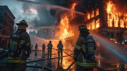 Naklejka premium Team of firefighters extinguishing blazing flames from a building 