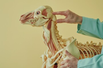 Educational image depicting a veterinarian's hands pointing at the anatomical details of an equine skull and cervical vertebrae on a yellow background