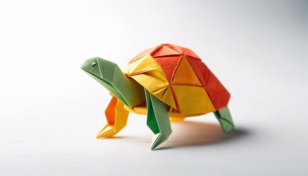 An origami turtle made from colorful paper, showing detailed folds and creases typical of origami