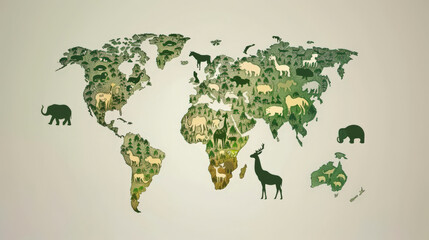 A stylized world map illustration with countries and continents filled with silhouettes of various animals, symbolizing the biodiversity present in different global regions.