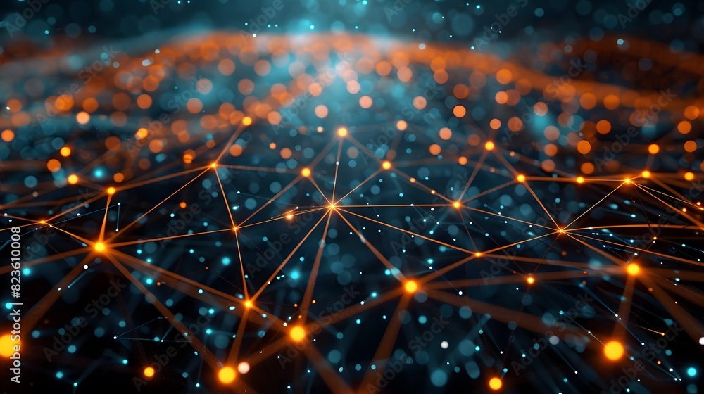 Poster abstract digital network with glowing nodes and lines, representing data, technology, and communicat