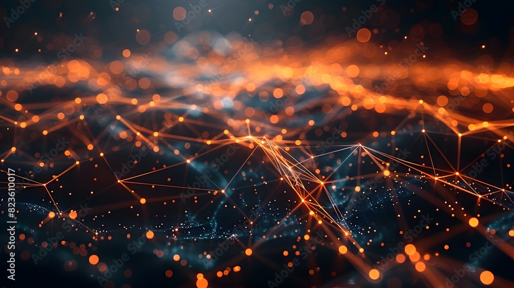 Poster abstract digital network with glowing orange nodes and connections on a dark background, representin