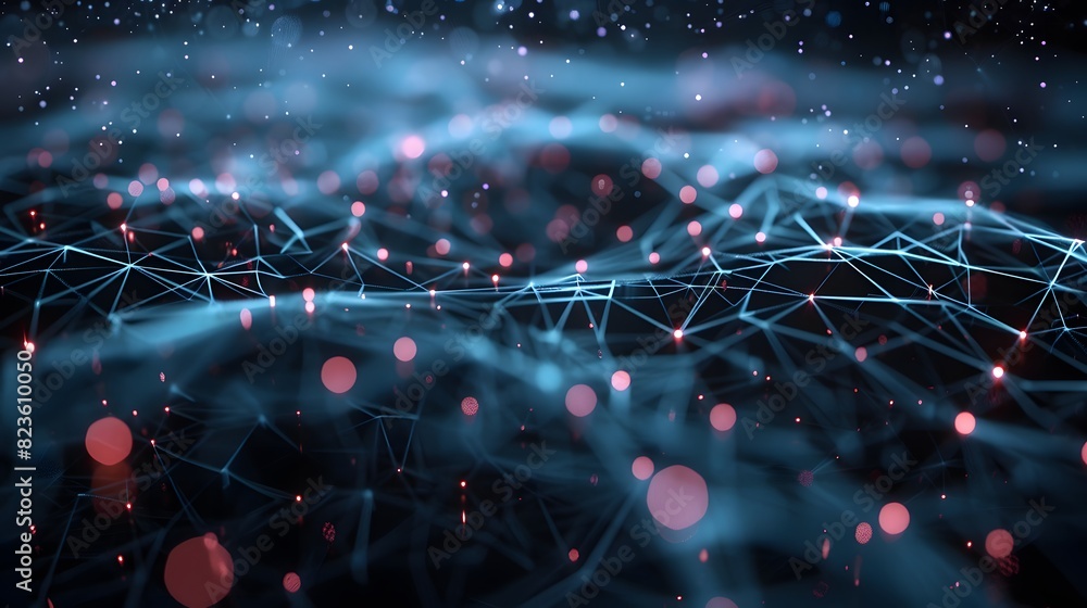 Poster abstract digital network with glowing particles and connecting lines on a dark background, represent