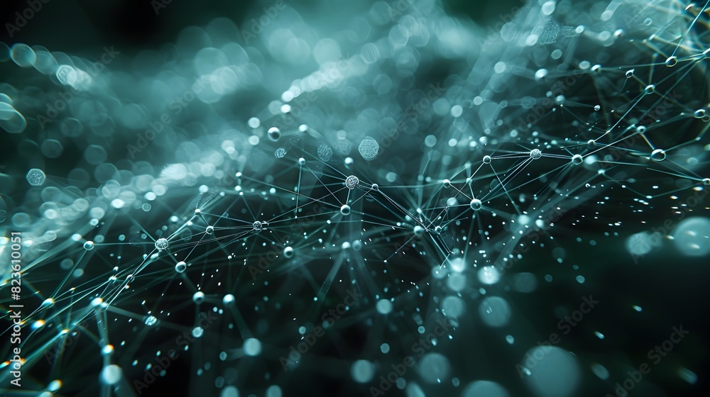 Poster abstract digital network with glowing particles and connected lines on a dark background, depicting 