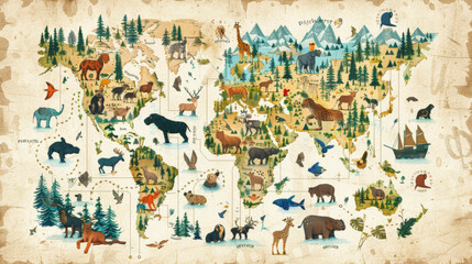 Illustrative map with various animals and landmarks, presented in a whimsical style, suggesting a fictional or thematic landscape rather than a realistic geographic representation.
