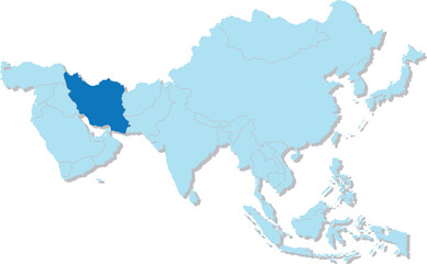 Highlighted blue map of IRAN inside light blue 3D blank political map of Asia orthographic projection on transparent background, without Russia