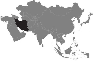 Highlighted black map of IRAN inside dark grey detailed blank political map of Asia using orthographic projection on transparent background, without Russia