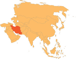 Highlighted red map of IRAN inside orange detailed political map of Asia using orthographic projection on transparent background
