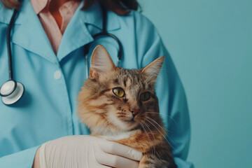 Professional veterinarian in a blue coat is holding a beautiful tabby cat with attentive care against a soft blue background, embodying compassion and expertise in animal healthcare
