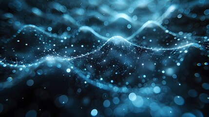 Abstract digital wave pattern with glowing particles. Modern technology or science background in blue tones, with dynamic lines and curves.