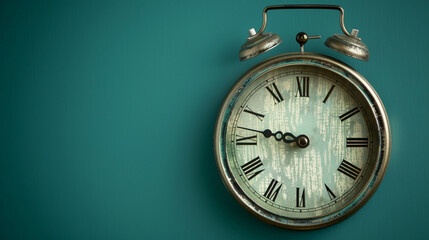 An alarm clock with Roman numerals on a teal backdrop.