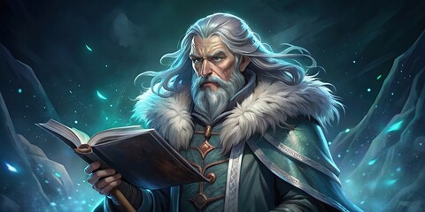 A long-haired man with grey hair and a long white beard wears a fur coat and holds a sword in one hand and a book in the other