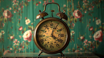 An antique-style alarm clock against a green backdrop, adorned with floral patterns.