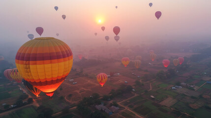 Obraz premium Ballooning Over Burma: Numerous hot air balloons float in a misty dawn sky over a patchwork of fields, creating a serene and colorful spectacle against the rising sun.