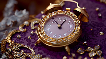 An elegant analog alarm clock on a purple surface with gold embellishments.