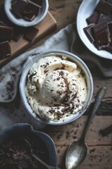 Ice cream with chocolate chips top view