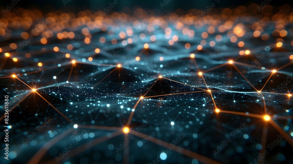 Poster abstract futuristic network background with glowing connected dots and geometric lines, representing
