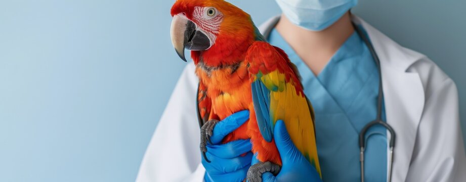 Veterinarian in a lab coat and protective mask holds a vibrant scarlet macaw, symbolizing professional pet healthcare for exotic birds during a regular check-up