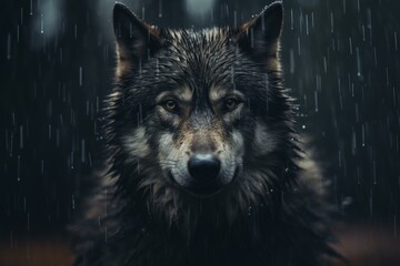 Close-up portrait of a solemn and intense grey wolf staring out into the rainy wilderness. Showcasing the majestic and powerful nature of this solitary and elegant predator in its natural environment © juliars