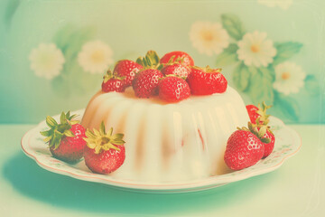 Vintage Illustration of jelly Pudding with strawberries