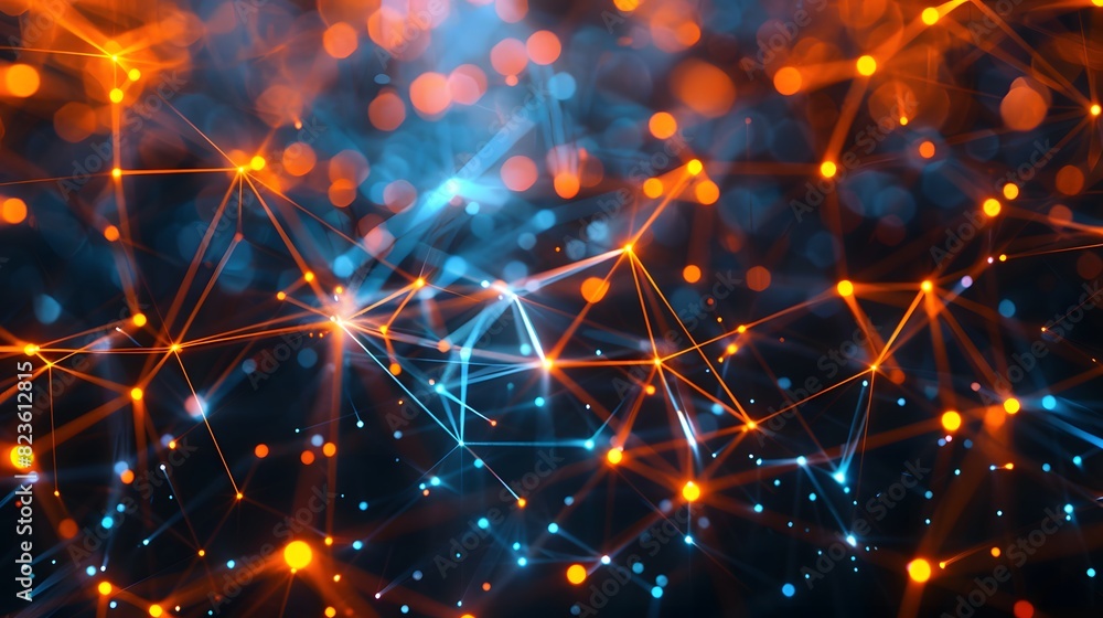 Poster abstract glowing network background with blue and orange light points and connections representing t