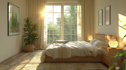 Brightly sunlit bedroom with a comfortable bed and view of greenery outside the window