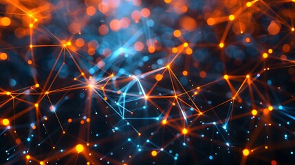 Abstract glowing network background with blue and orange light points and connections representing technology and communication concepts.