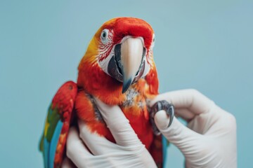 Close-up view of a beautiful scarlet macaw being examined by a veterinarian wearing gloves against a soft blue background, showcasing avian health and wildlife conservation efforts