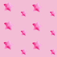 Seamless simple watercolor pattern with lovely pink stars. Handmade watercolor illustration on pink background. For wrapping paper, textile, fabric