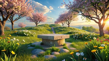 Abstract 3D rendering of a spring landscape with a stone podium placed amidst blooming flowers and lush grass