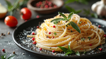 Pasta Primavera. Spaghetti pasta served with fresh herbs and vegetables, topped with fresh parmesan.