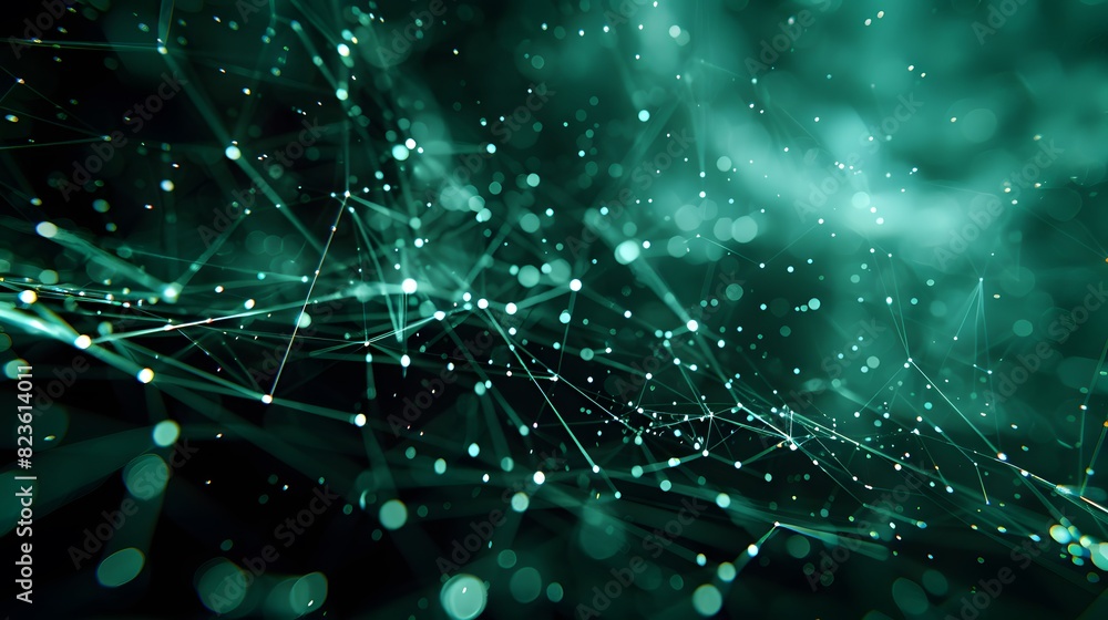 Poster abstract green digital network background with connecting lines and dots, representing technology, d