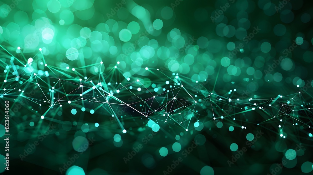 Poster abstract green digital network background with glowing dots and lines, representing data connections