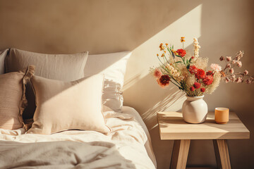 A cozy bedroom with a vase of flowers on the nightstand.